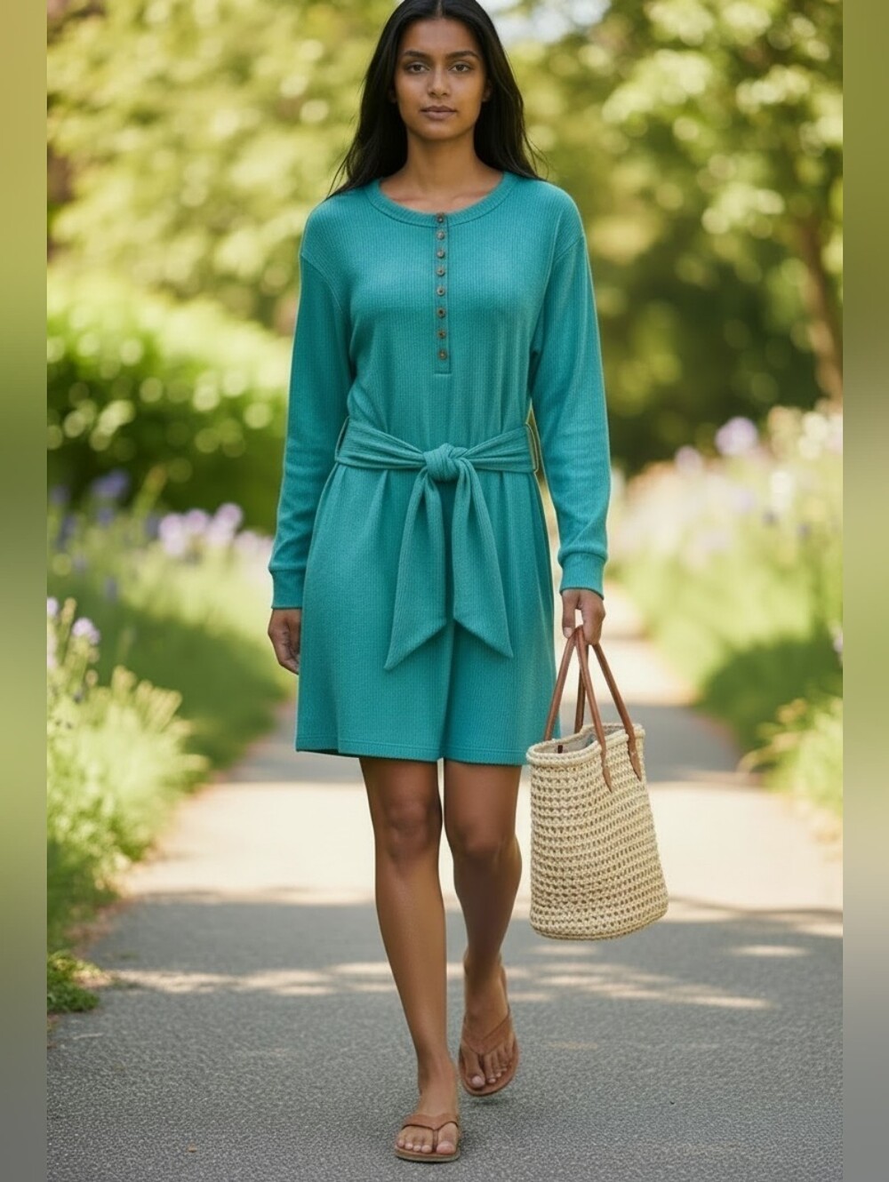 Saylor Henley Y2K Mini Dress Size Medium Teal Blue Long Sleeve Ribbed Tie Waist